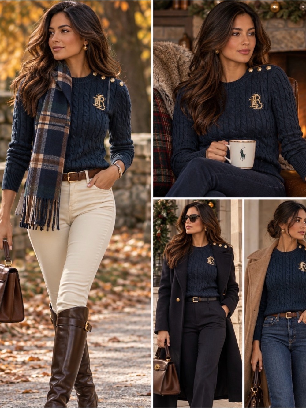 Ralph Lauren Black Wash Cable-Knit Crewneck Sweater with Gold Buttons